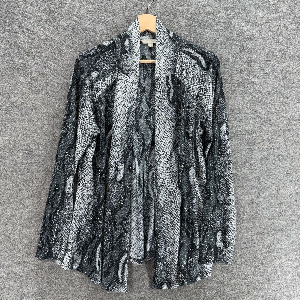 Complements Top Women L Large Gray Animal Print Open Front Long Sleeve Casual